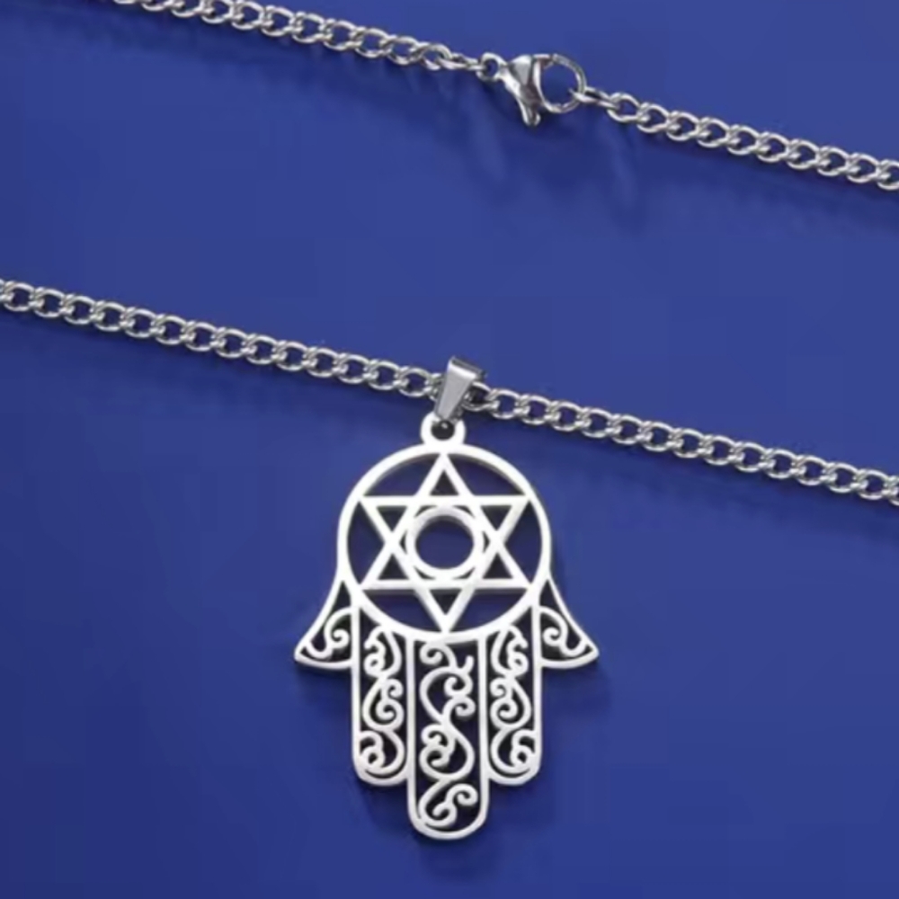 Hamsa aka Hand Of Fatima + Star Of David inset Pendant Necklace - Picture 7 of 7